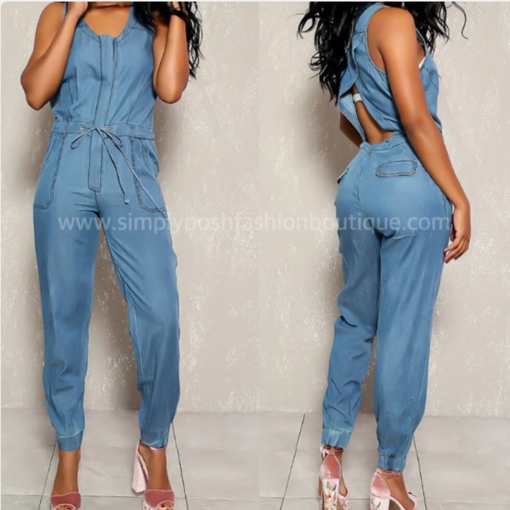 DENIM ROMPER W/ OPEN BACK